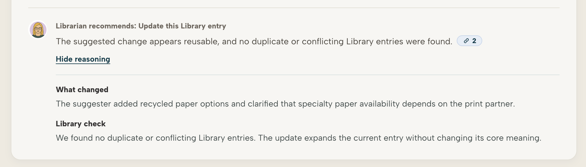 Librarian recommendation with reasoning