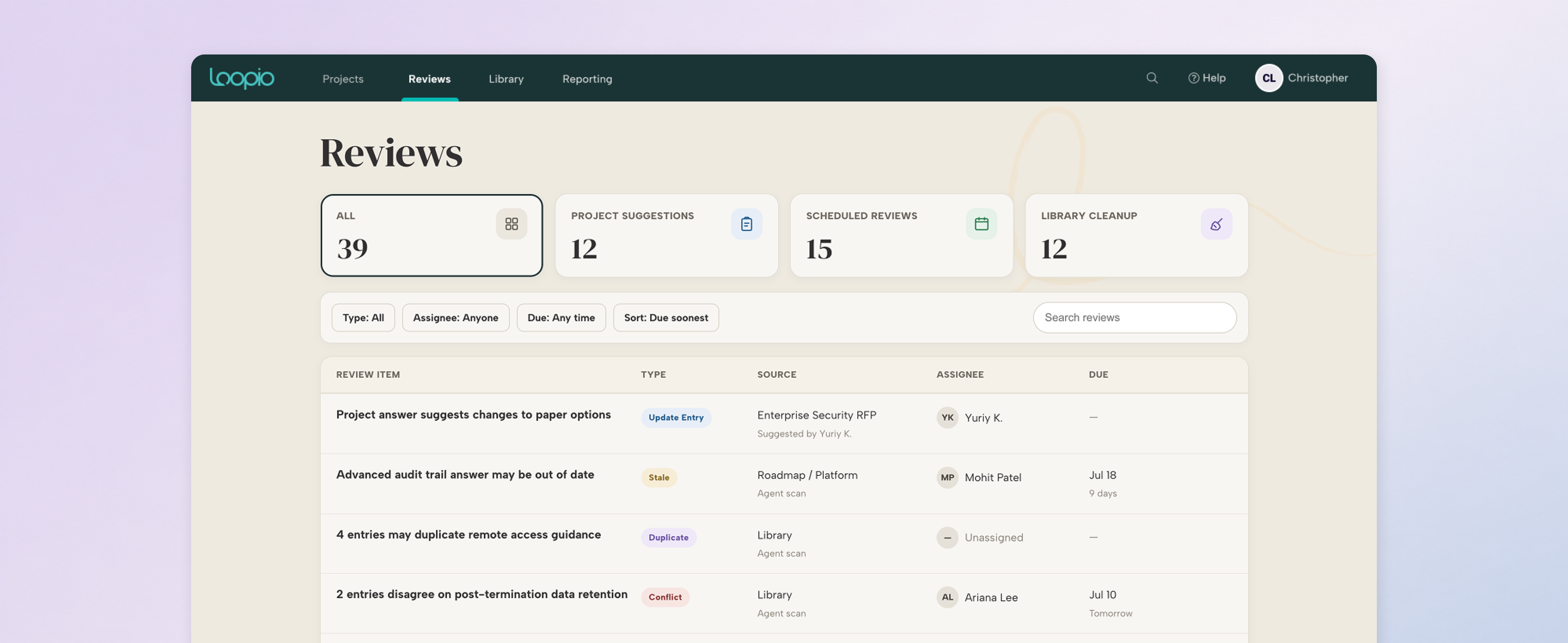 Unified Loopio Reviews experience with project suggestions, scheduled reviews, and Library cleanup