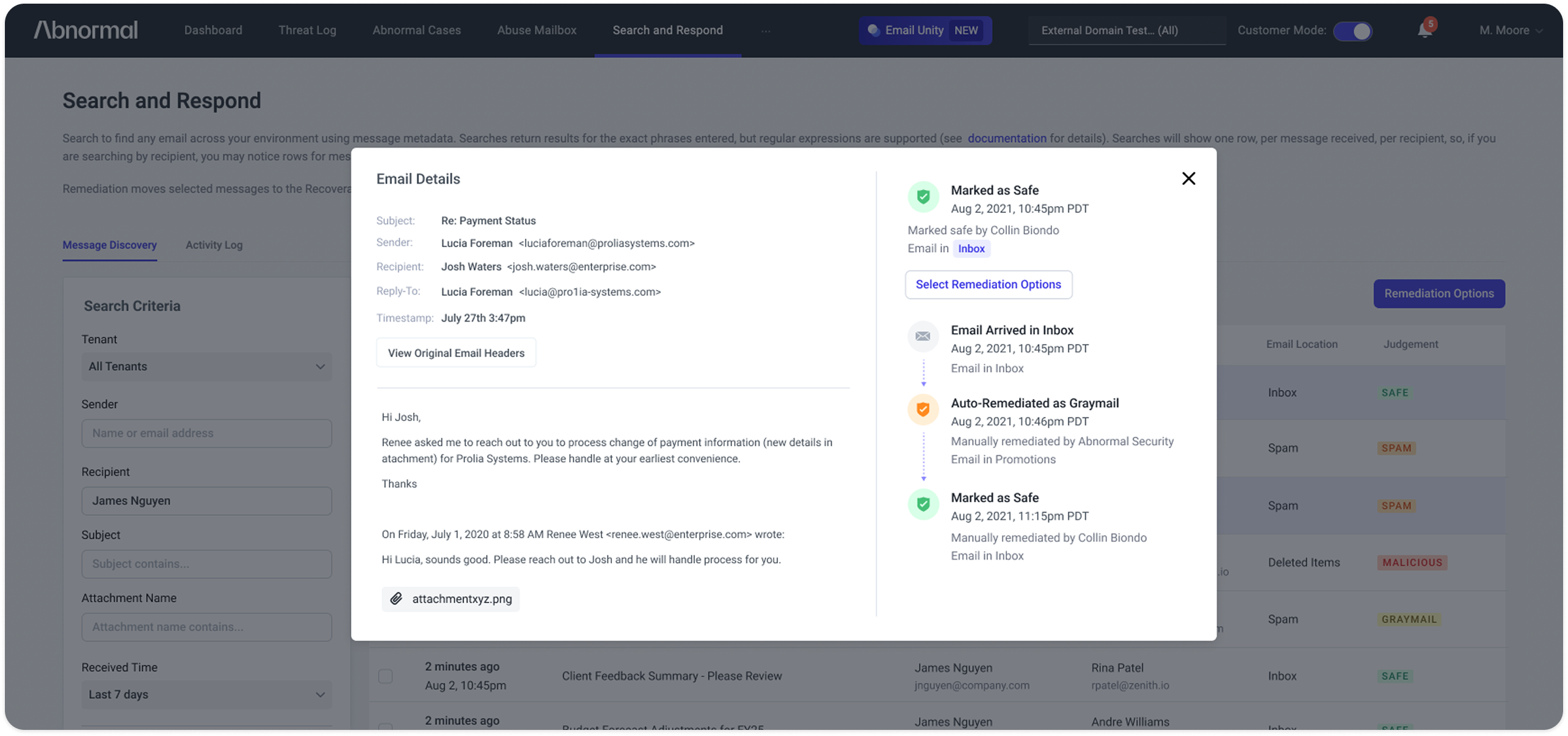 Redesigned email details with remediation status and history
