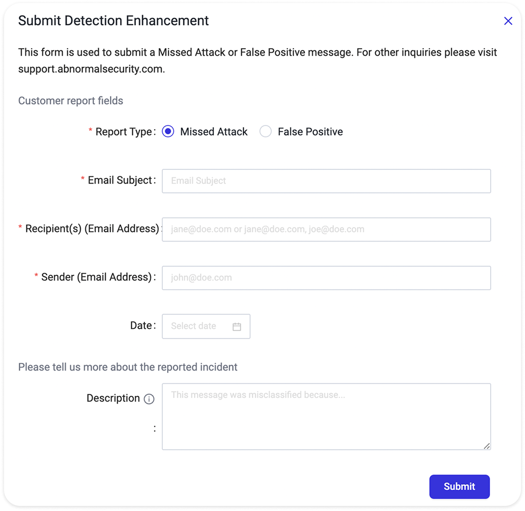 Original manual Detection 360 missed attack report form