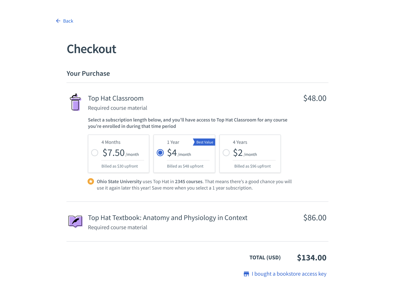 Top Hat checkout redesign showing subscription pricing and school usage context